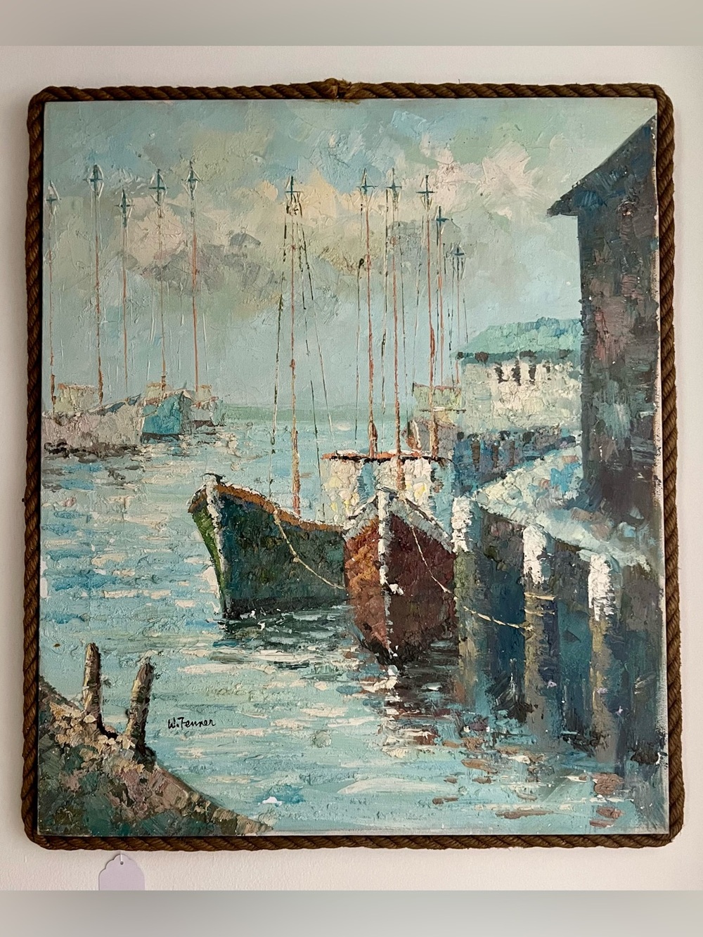 Harbor Boat Oil-Style Wall Painting in Blue and Brown by W. Fenner.